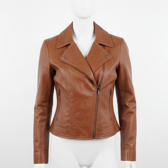 NWT Michael Kors Women's Brown Cropped Leather Moto Jacket - Picture 2 of 15